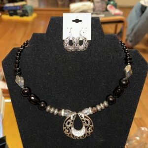 Unbranded  Necklace and Earrings Black and Silver Tone, Rhinestones.